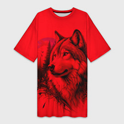 Футболка женская длинная Рисунок волка на красном, цвет: 3D-принт
