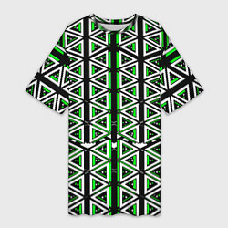 Футболка женская длинная Бело-зелёные треугольники на чёрном фоне, цвет: 3D-принт