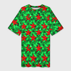 Женская длинная футболка Красные звезды победы на зеленом камуфляже