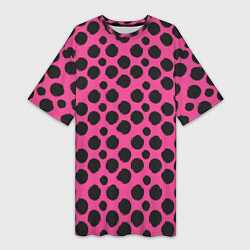 Женская длинная футболка Гороховый тренд черный на розовом фоне