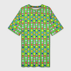 Футболка женская длинная Паттерн с вертикальными гирляндами на зеленом, цвет: 3D-принт