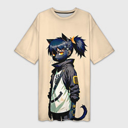 Футболка женская длинная Прикольная чёрная кошечка - нейросеть, цвет: 3D-принт