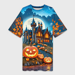 Футболка женская длинная Ночь Хэллоуина тыквы и замок, цвет: 3D-принт