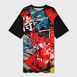 Футболка женская длинная Самурай и демон Они, цвет: 3D-принт