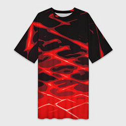 Футболка женская длинная Красные абстрактные полосы на чёрном фоне, цвет: 3D-принт