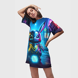 Футболка женская длинная Neon cyber Pikachu made of metal steel - ai art, цвет: 3D-принт — фото 2