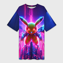 Футболка женская длинная Neon horror - cyber Pikachu, цвет: 3D-принт