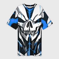 Женская длинная футболка Белый череп и синие полосы на чёрном фоне