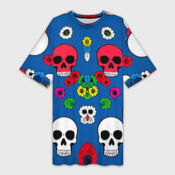 Футболка женская длинная Паттерн из цветных черепков муэрто - нейроарт, цвет: 3D-принт