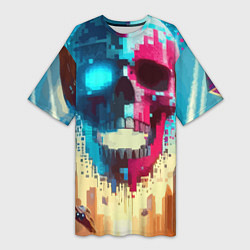 Футболка женская длинная Cool vanguard neon cyber skull - ai art, цвет: 3D-принт