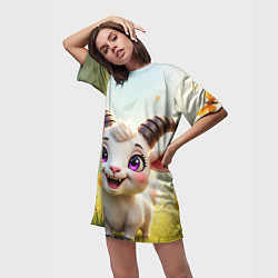 Футболка женская длинная Козлёнок на лугу, цвет: 3D-принт — фото 2