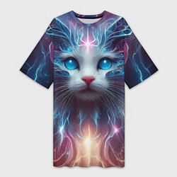 Женская длинная футболка Fantastic blue-eyed neon kitten