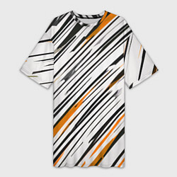 Женская длинная футболка Диагональные чёрно-жёлтые полосы на белом фоне