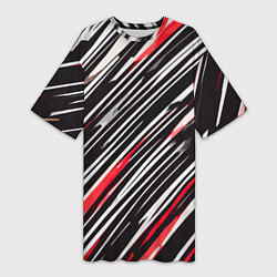 Женская длинная футболка Диагональные красно-белые полосы на чёрном фоне