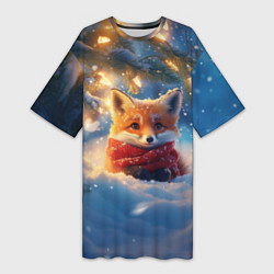 Футболка женская длинная Лисица под новогодней елкой, цвет: 3D-принт