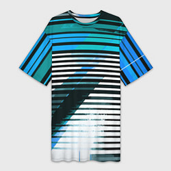 Женская длинная футболка Сине-чёрные полосы на белом фоне