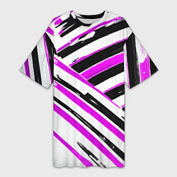 Женская длинная футболка Розово-чёрные полосы на белом фоне