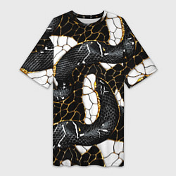 Женская длинная футболка Змеиная черно-белая абстракция