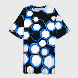 Футболка женская длинная Бело-синие шестиугольники на чёрном фоне, цвет: 3D-принт