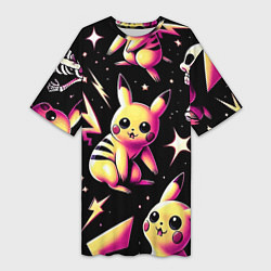 Женская длинная футболка Pikachu and skeletons - pattern
