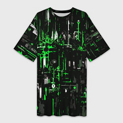 Футболка женская длинная Бело-зелёная тревожная абстракция на чёрном фоне, цвет: 3D-принт
