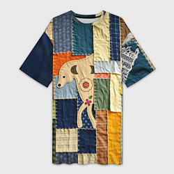 Футболка женская длинная Пэчворк с собакой, цвет: 3D-принт