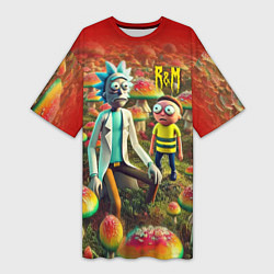 Футболка женская длинная Рик и Морти заблудились в мухоморном поле, цвет: 3D-принт