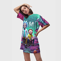 Футболка женская длинная Рик и Морту на сказочной грибной планете - нейроар, цвет: 3D-принт — фото 2