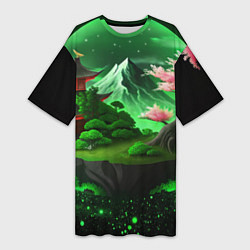 Футболка женская длинная Green nature Japan, цвет: 3D-принт