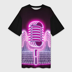 Футболка женская длинная Розовый неоновый микрофон, цвет: 3D-принт
