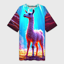 Футболка женская длинная Лама в неоновых лучах, цвет: 3D-принт