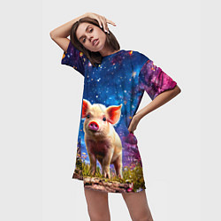 Футболка женская длинная Поросенок и звездное небо, цвет: 3D-принт — фото 2