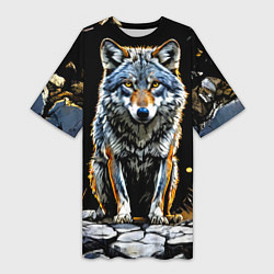 Футболка женская длинная Волк на черном, цвет: 3D-принт