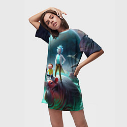 Футболка женская длинная Рик и Морти сидят на бегемоте - нейроарт фантазия, цвет: 3D-принт — фото 2