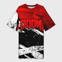 Футболка женская длинная Дум - белый и красный, цвет: 3D-принт
