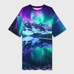 Футболка женская длинная Северное сияние над горами - неоновое свечение, цвет: 3D-принт