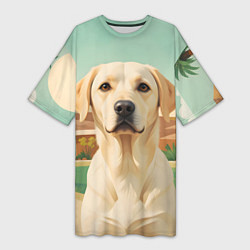Футболка женская длинная Лабрадор на фоне пальм, цвет: 3D-принт