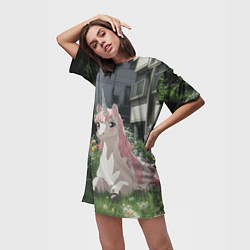 Футболка женская длинная Единорог в городе, цвет: 3D-принт — фото 2