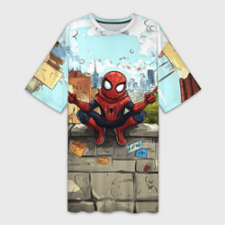 Футболка женская длинная Маленький человек-паук в городе, цвет: 3D-принт