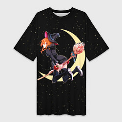 Футболка женская длинная Ведьма с яблоком летит на метле, цвет: 3D-принт