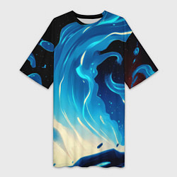Женская длинная футболка Бело-синее пламя из абстрактных красок