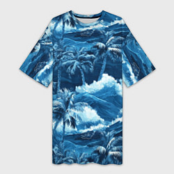 Женская длинная футболка Пальмы и волны - голубые оттенки паттерн