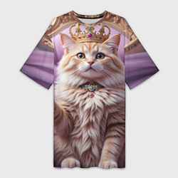 Футболка женская длинная Кот с короной и шампанским, цвет: 3D-принт