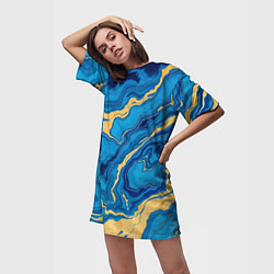 Футболка женская длинная Синий мрамор с золотом, цвет: 3D-принт — фото 2