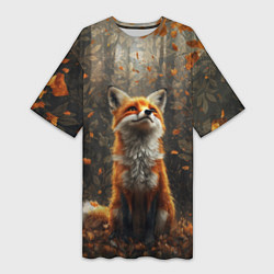 Футболка женская длинная Довольный лис в лесной чаще, цвет: 3D-принт