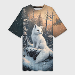 Футболка женская длинная Белый лисенок в зимнем лесу, цвет: 3D-принт