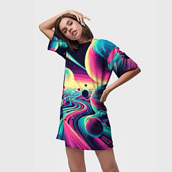 Футболка женская длинная Неоновый разноцветный космос, цвет: 3D-принт — фото 2