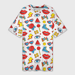 Футболка женская длинная Паттерн с яркими молодежными стикерами, цвет: 3D-принт