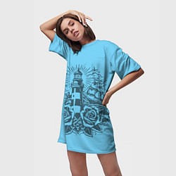 Футболка женская длинная Маяк с розами и кораблем, цвет: 3D-принт — фото 2