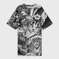 Футболка женская длинная С котами и рыбой на фоне сакуры в волнах, цвет: 3D-принт
